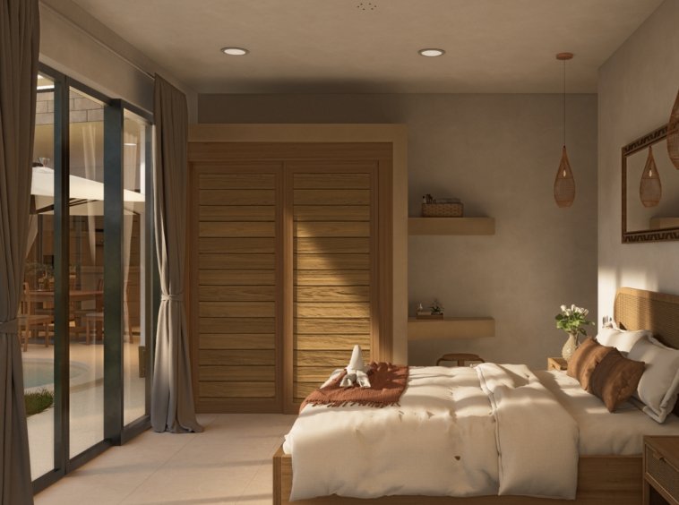Chambre avec accès terrasse villa Ruby 4 Lamai, lit en bois avec tête de lit en rotin, baies vitrées coulissantes et vue directe sur la piscine privée