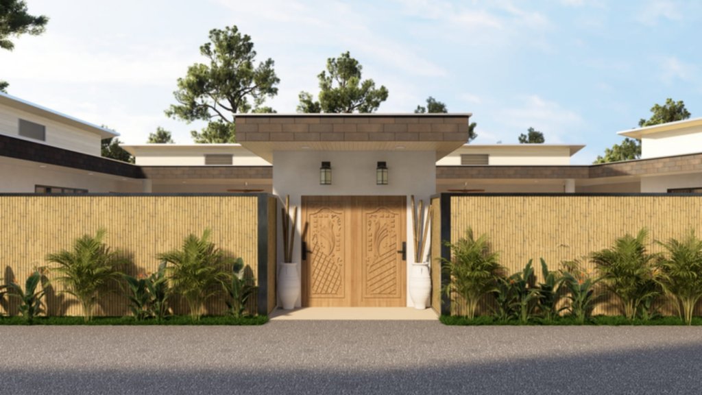 Rendu 3D portail entrée bois sculpté clôture bambou projet Ruby Land Lamai Koh Samui