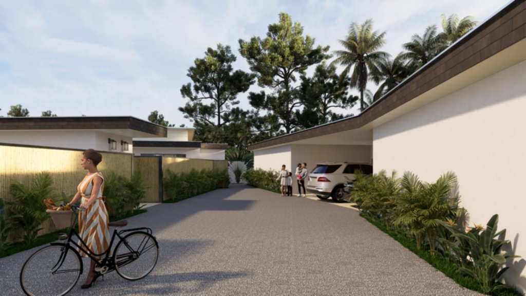 Rendu 3D allée résidence privée parking végétation tropicale villas Ruby Land Lamai