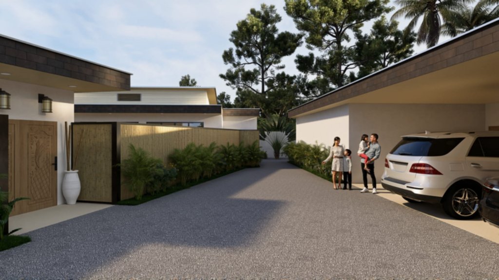 Rendu 3D entrée villa familiale carport portail bambou projet neuf Ruby Land Samui