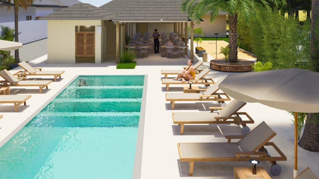Rendu 3D piscine commune transats teck restaurant poolside résidence Siam Harmony Lamai