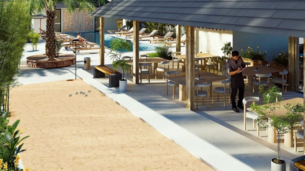 Rendu 3D terrain pétanque restaurant terrasse piscine résidence Siam Harmony Koh Samui
