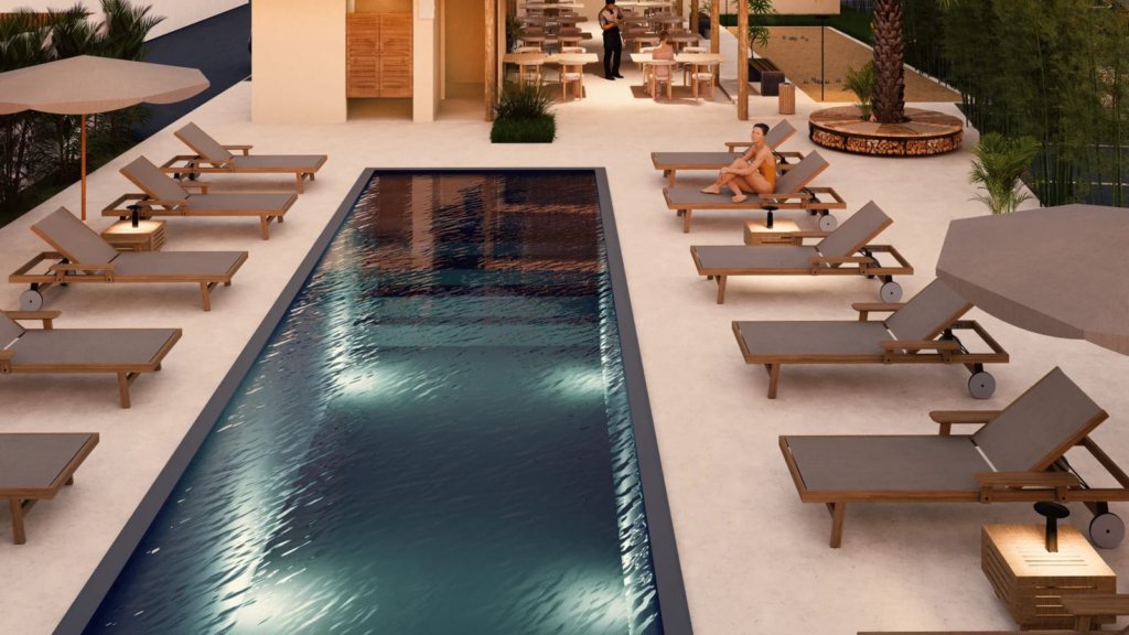 Rendu 3D piscine commune nuit transats éclairée bar pool résidence Siam Harmony Samui