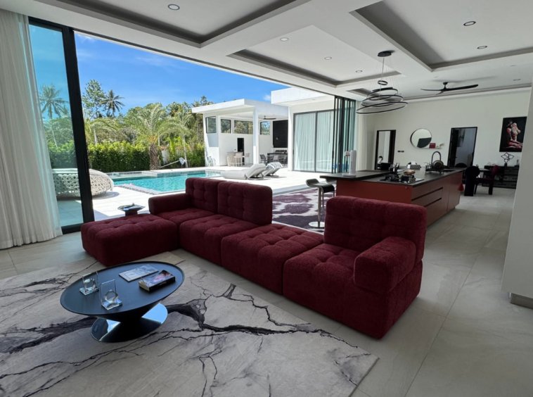 Salon ouvert sur la piscine de la Villa Zola, Lamai Koh Samui