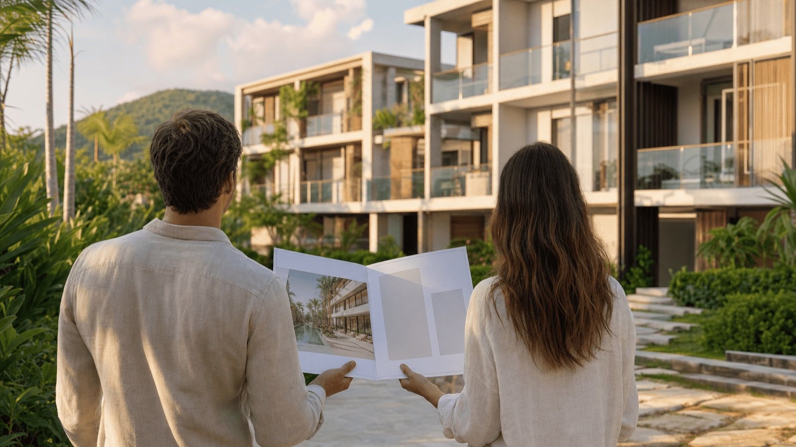 Couple consultant une brochure devant une résidence de condos, acheter un bien à deux en Thaïlande