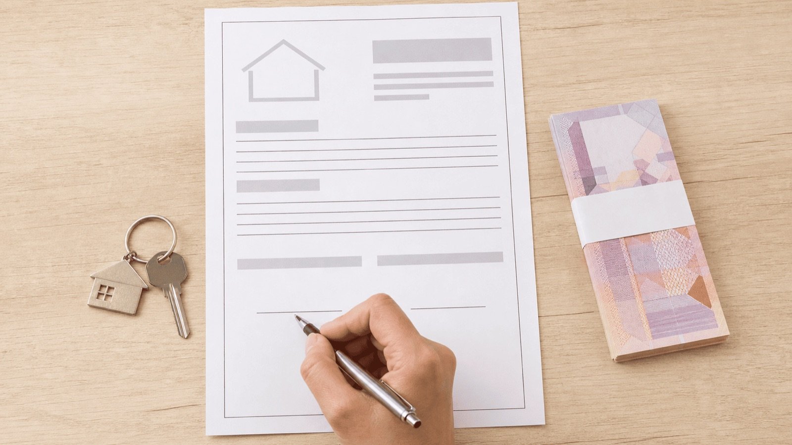 Signature du reçu d'acompte pour un achat immobilier en Thaïlande, clés et billets posés sur la table