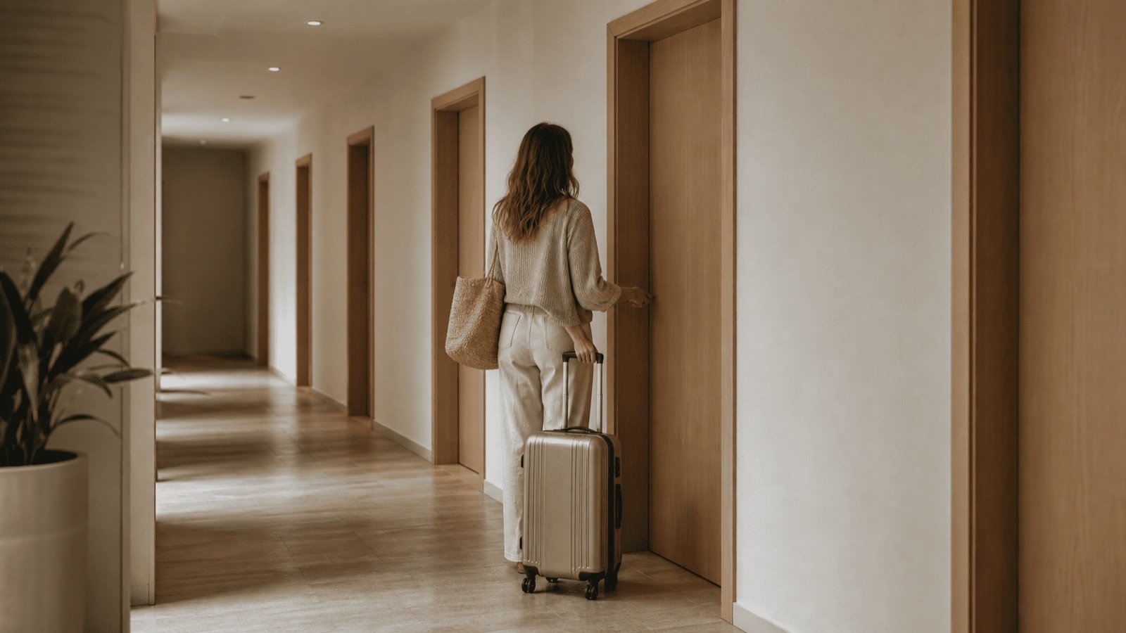 Voyageur avec sa valise dans le couloir d'un condominium, la location Airbnb en copropriété en Thaïlande