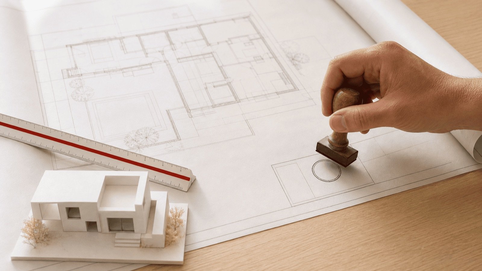 Main apposant un tampon sur des plans près d'une maquette de maison et d'une règle, l'architecte agréé en Thaïlande