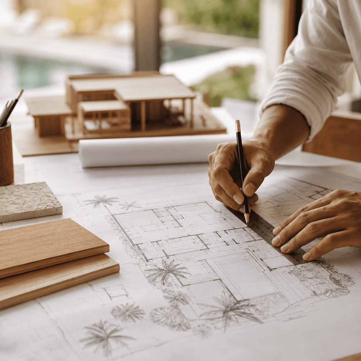 Architecte travaillant sur les plans 2D d'une villa à Koh Samui