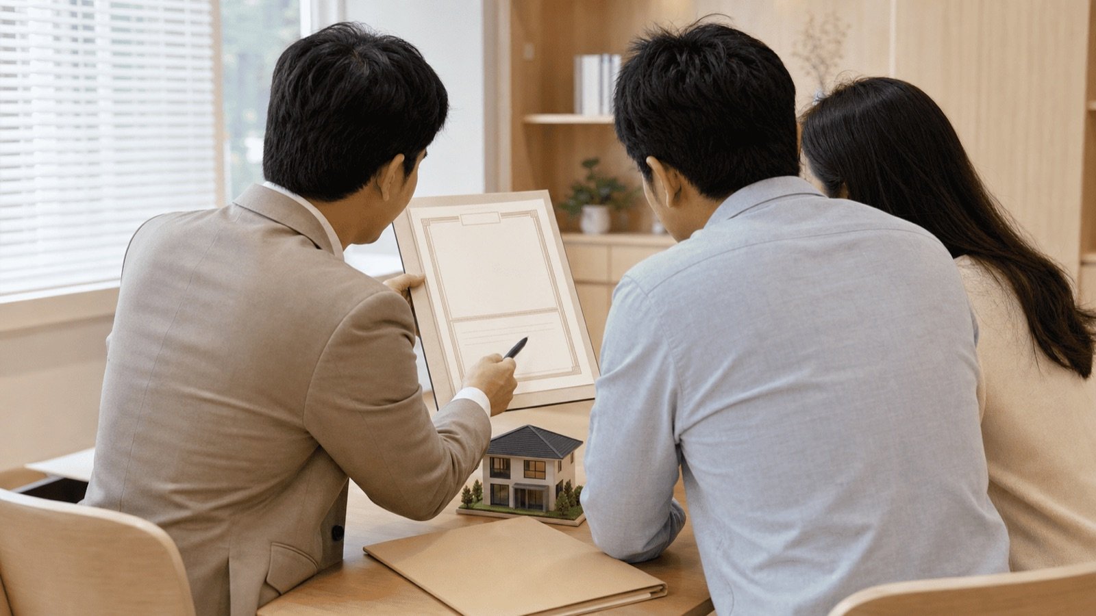 Agent présentant un certificat encadré à un couple près d'une maquette de maison, l'assurance de titre de propriété en Thaïlande