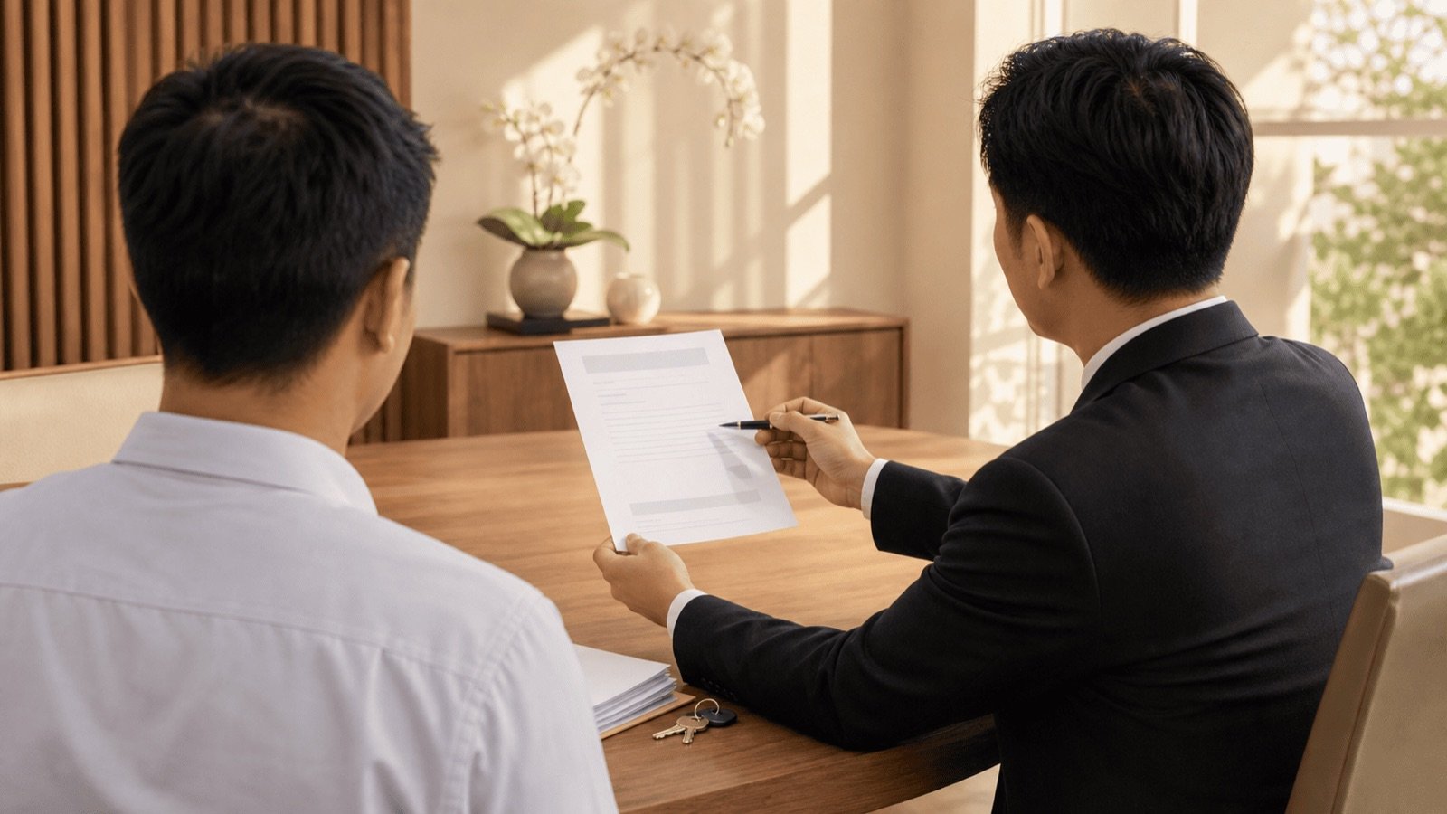 Avocat désignant une clause d'un contrat à son client près de clés, l'avocat immobilier en Thaïlande