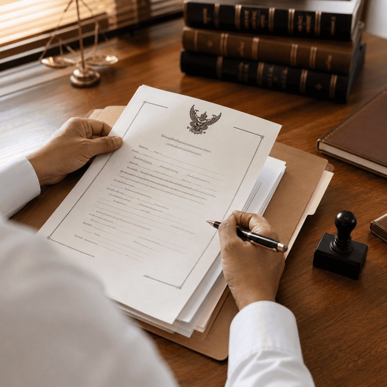 Avocat partenaire vérifiant un dossier juridique immobilier à Koh Samui
