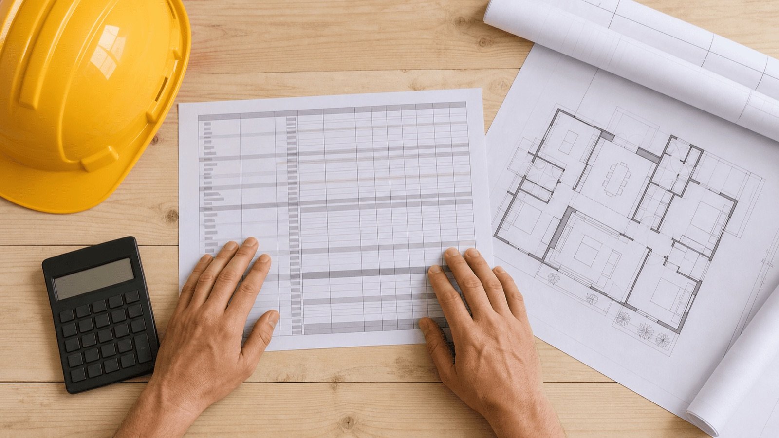 Métré détaillé, calculatrice et plans de la maison, le BOQ d'un contrat de construction