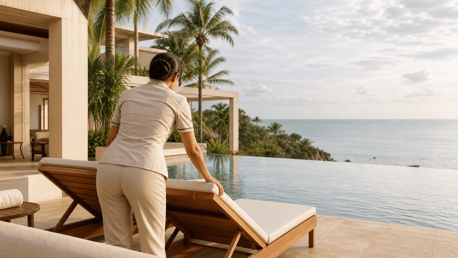 Personnel hôtelier préparant les transats d'une branded residence face à la mer