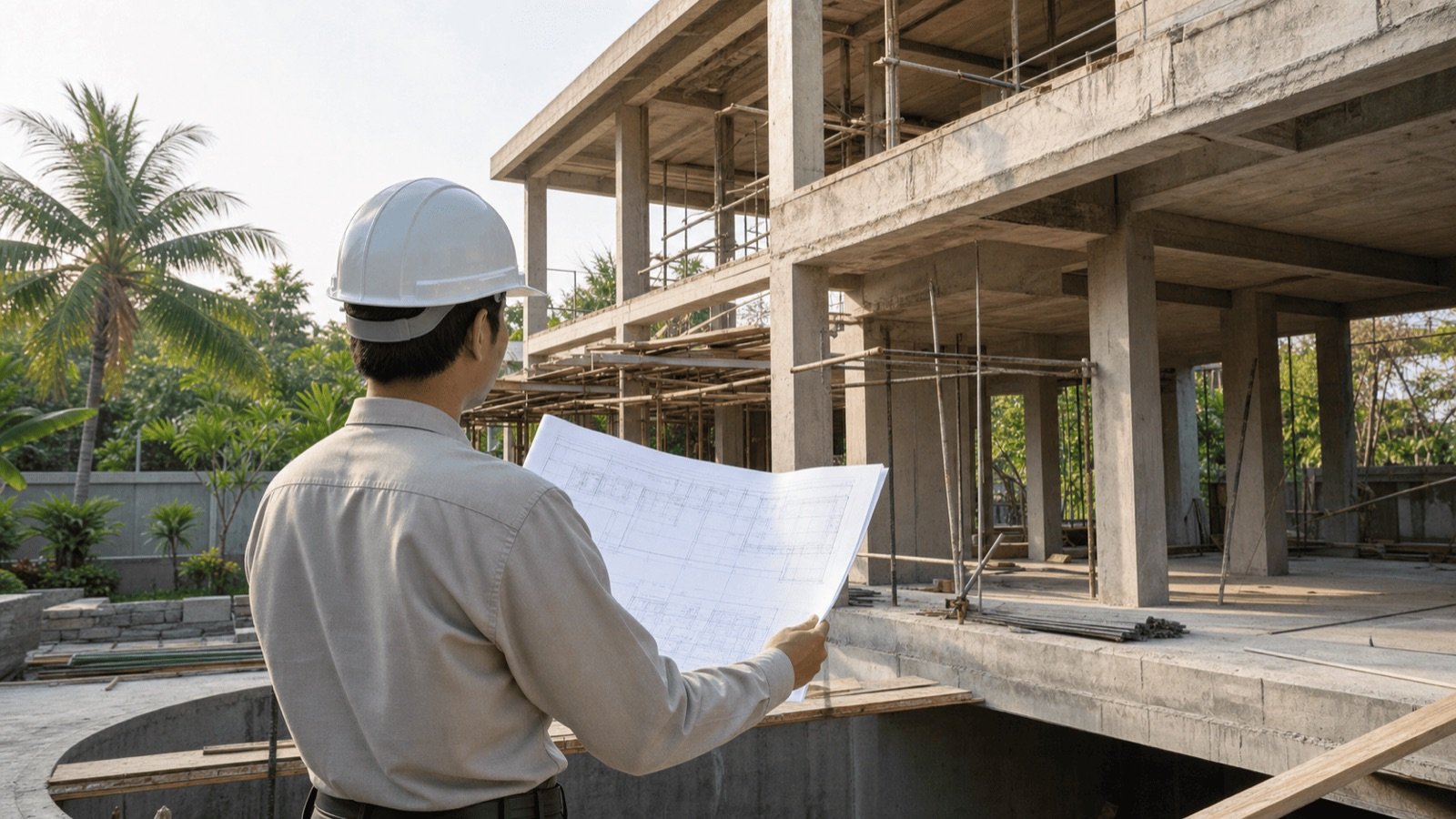 Ingénieur casqué consultant des plans sur un chantier en béton, le Building Control Act en Thaïlande