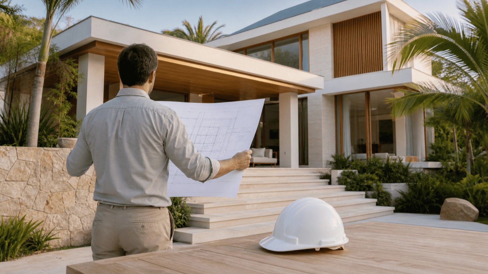 Inspection d'une villa achevée plans en main, le certificat de conformité de construction en Thaïlande