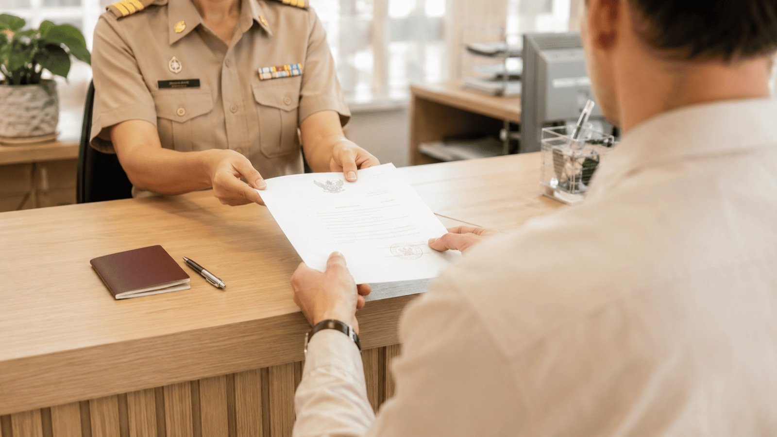 Remise d'un certificat de résidence à un étranger au guichet d'un bureau administratif en Thaïlande