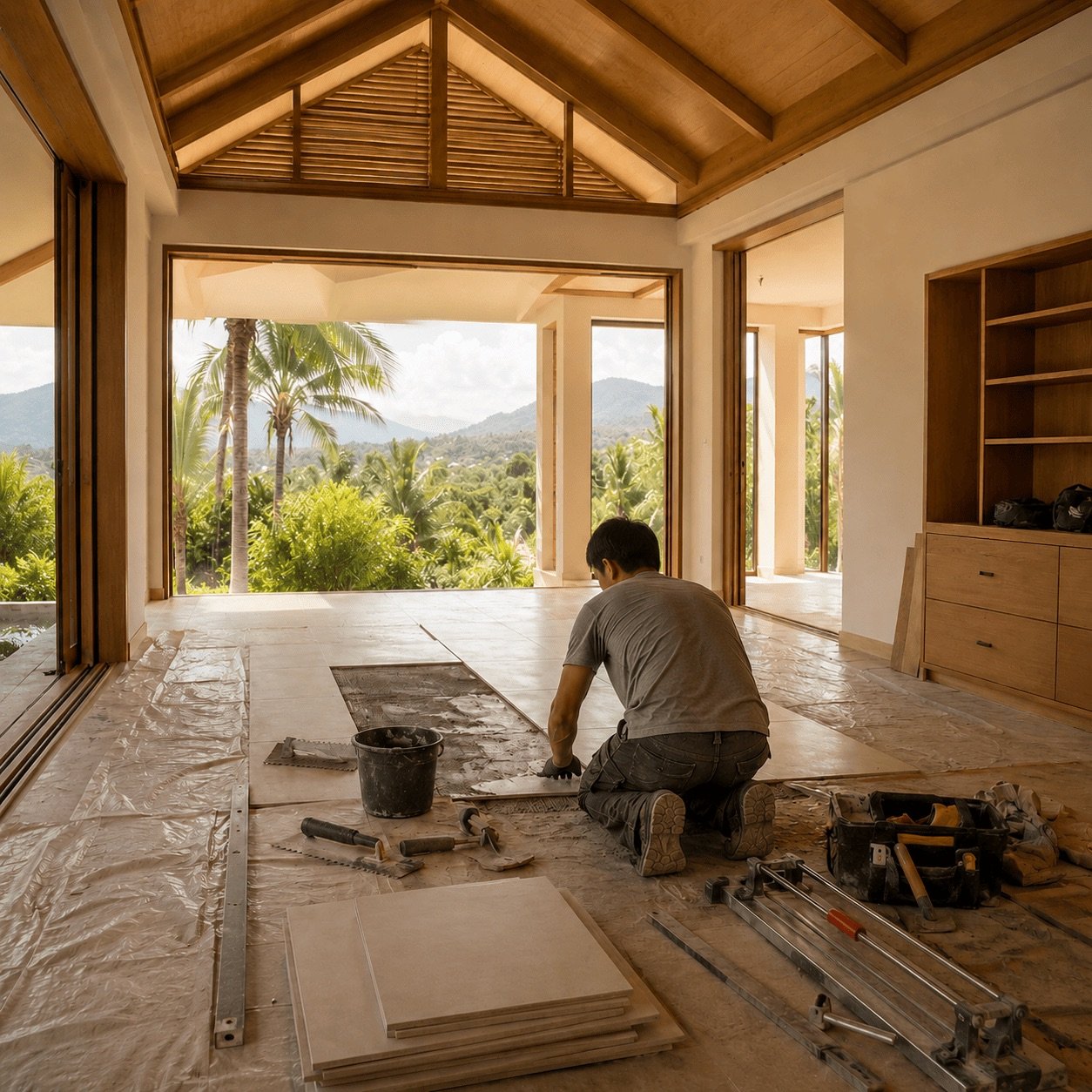 Artisan posant du carrelage lors de la rénovation d'une villa à Koh Samui