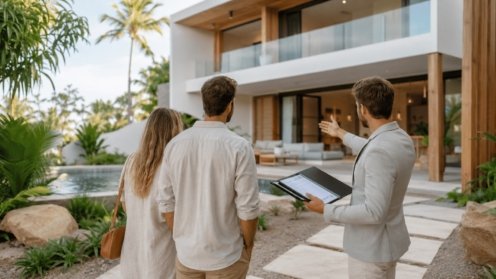 Chasseur immobilier présentant une villa à un couple d'acheteurs à Koh Samui