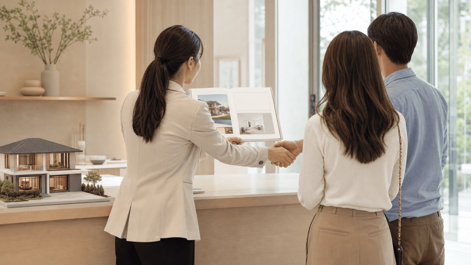 Agente immobilière serrant la main d'un couple en présentant une brochure près d'une maquette, la commission d'agence en Thaïlande