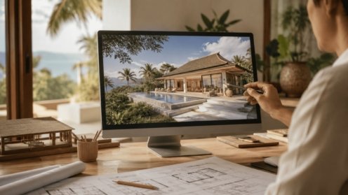 Plans et rendu 3D d'une villa préparés pour une vidéo de projet à Koh Samui