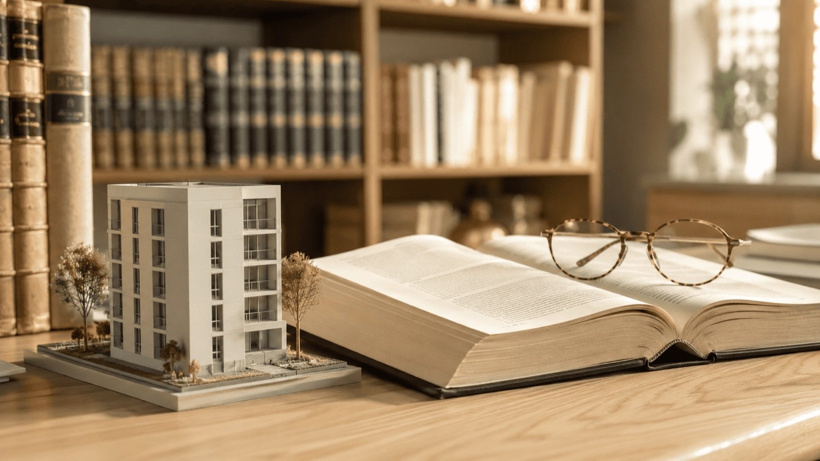 Livre de droit et maquette d'immeuble illustrant le Condominium Act thaïlandais