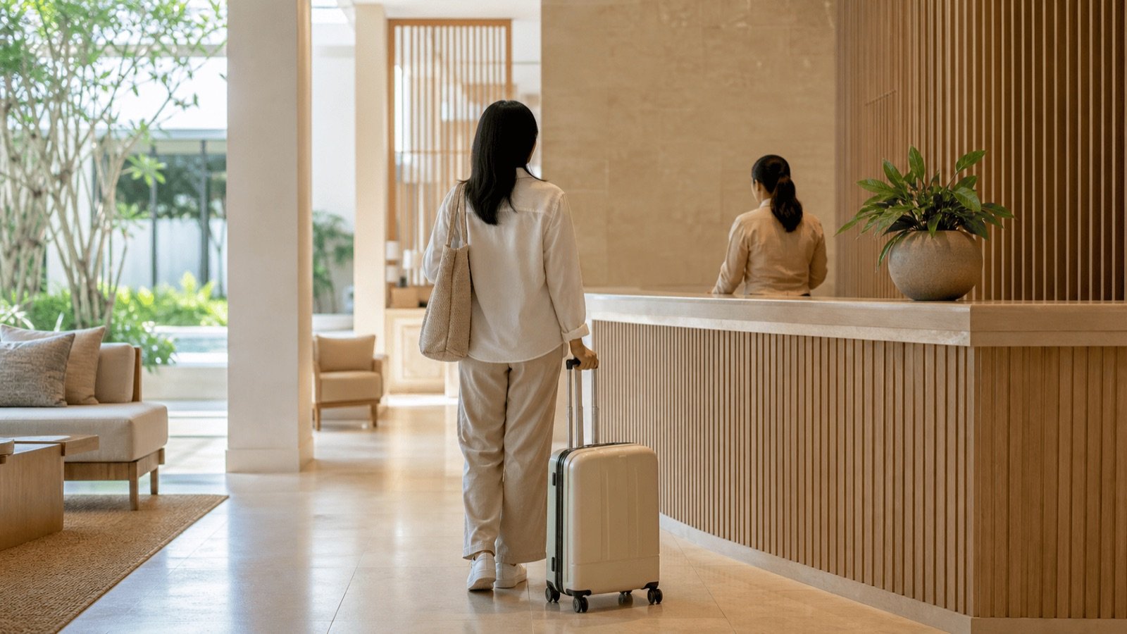 Voyageuse arrivant à la réception d'une résidence, le fonctionnement hôtelier d'un condotel