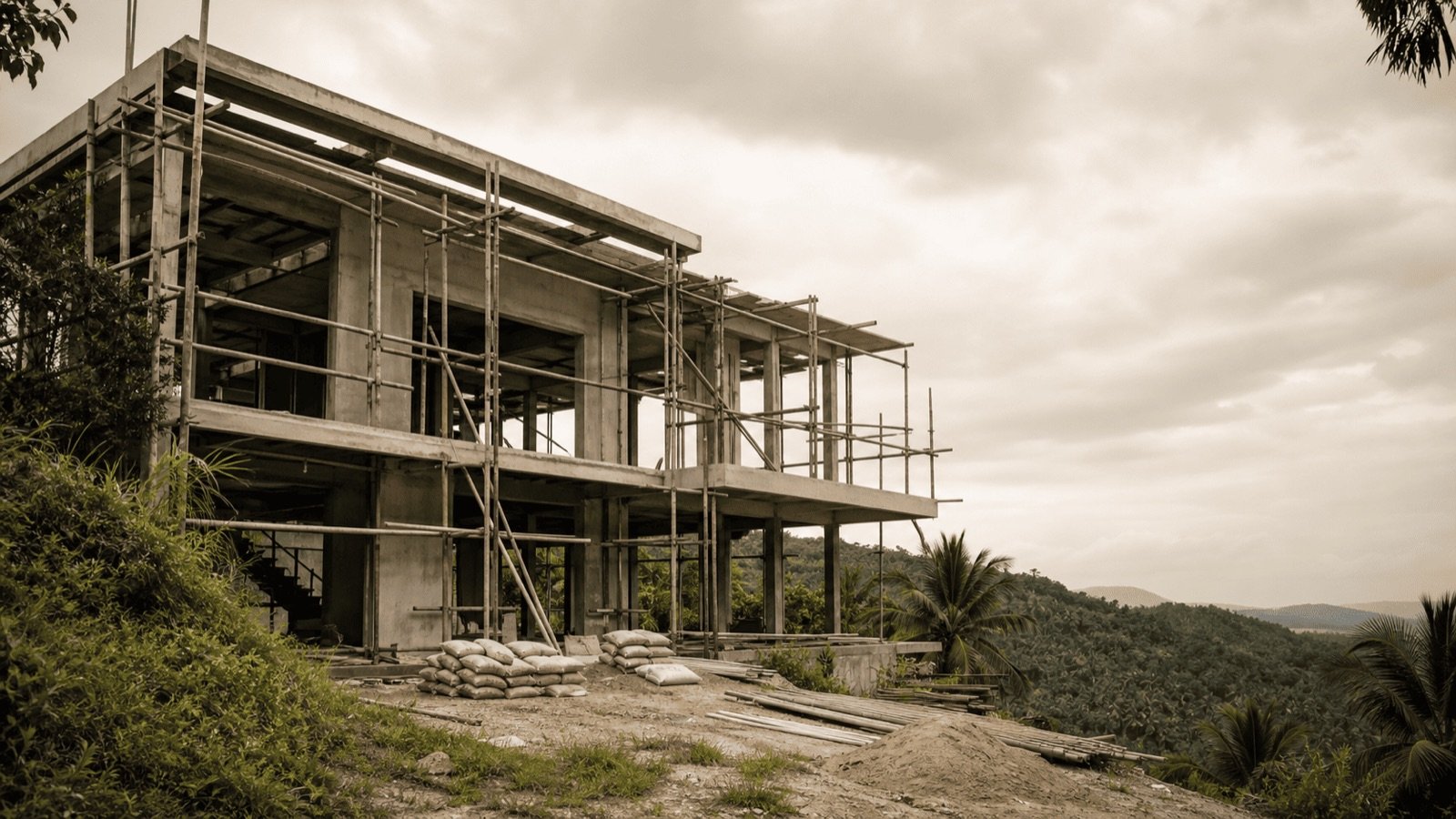 Bâtiment en béton inachevé avec échafaudages sur une colline, construire sans permis en Thaïlande