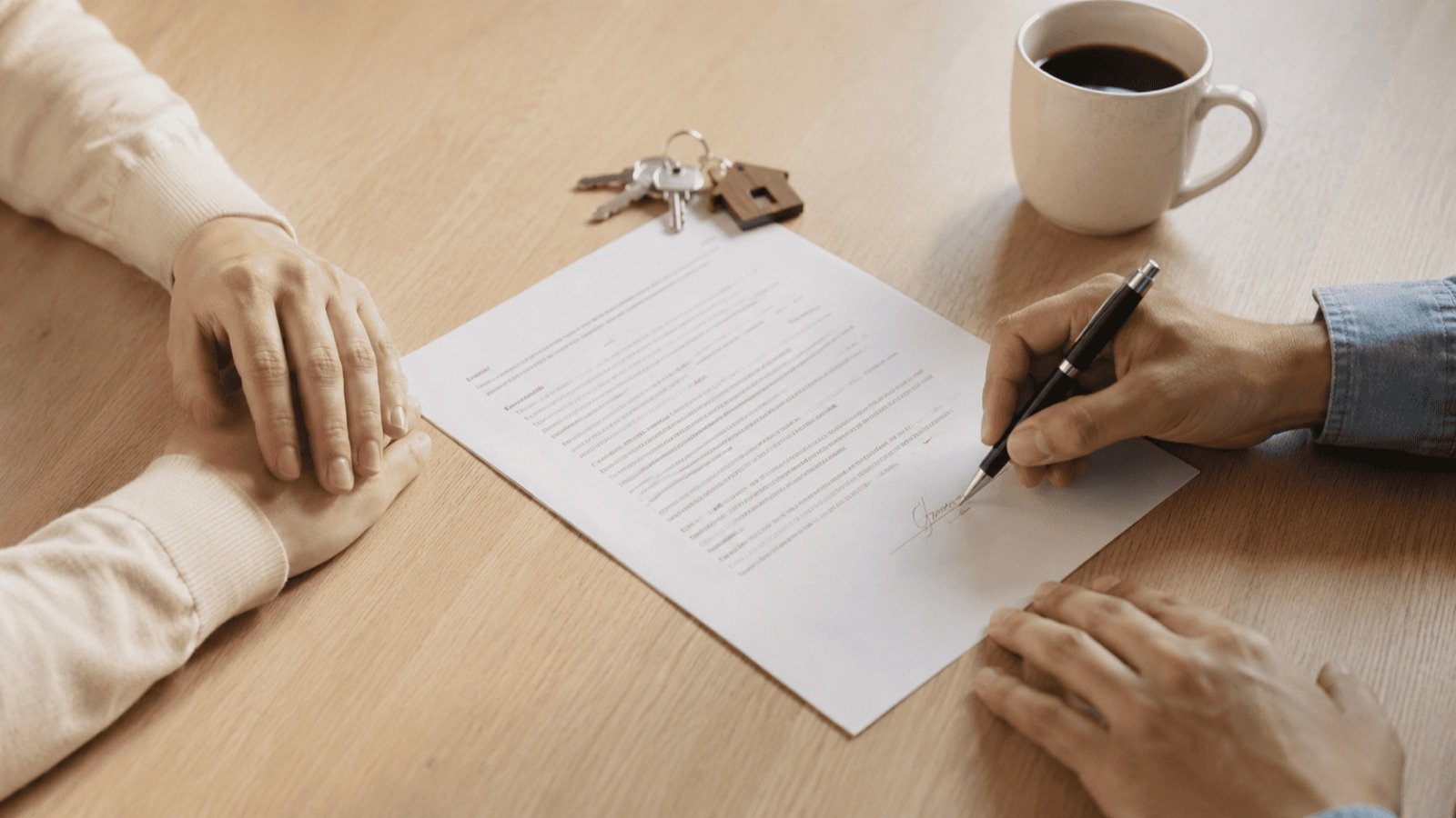 Signature d'un contrat de location en Thaïlande, avec le trousseau de clés posé sur la table