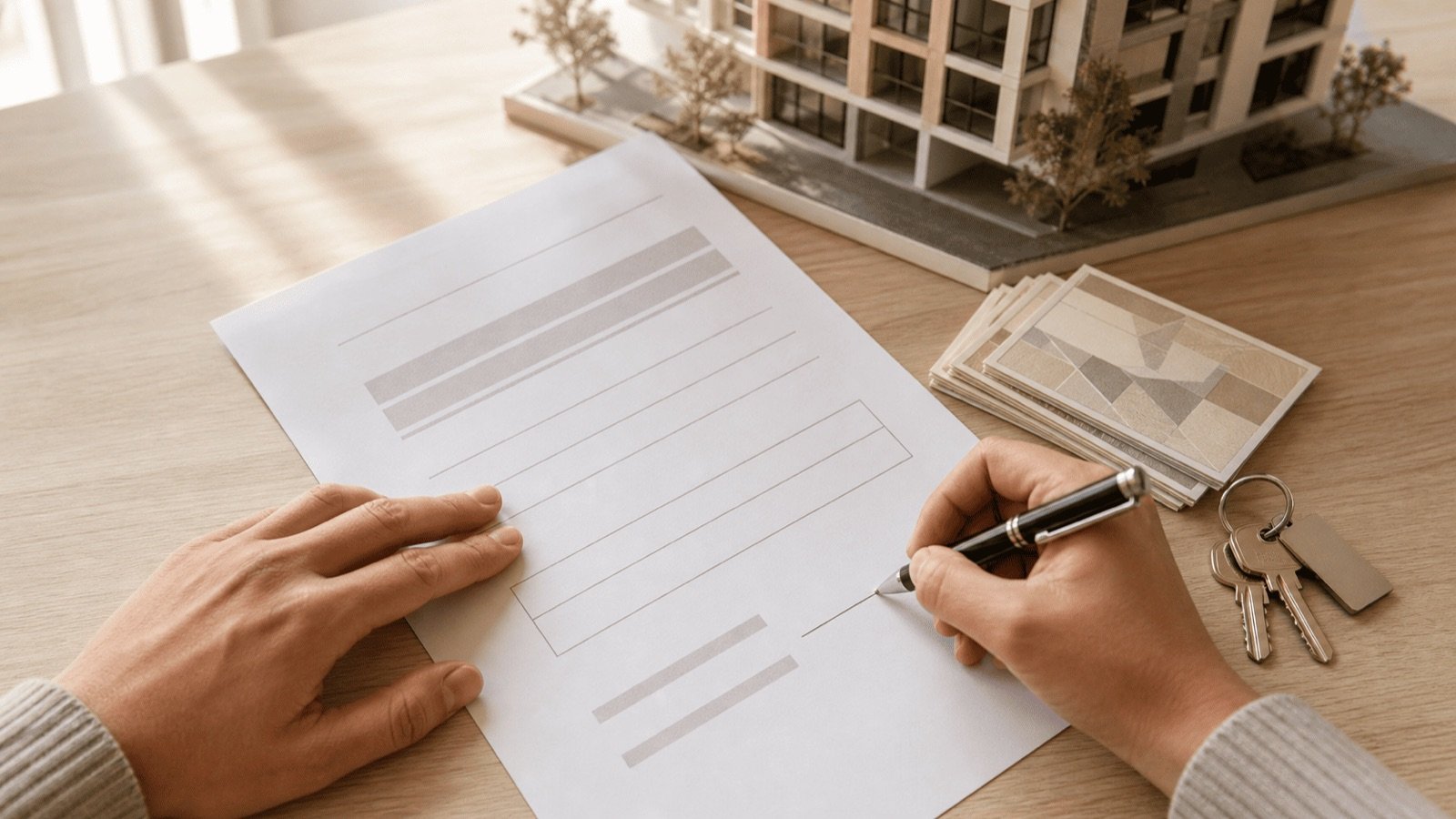 Signature d'un contrat de réservation immobilier avec maquette de condo en Thaïlande