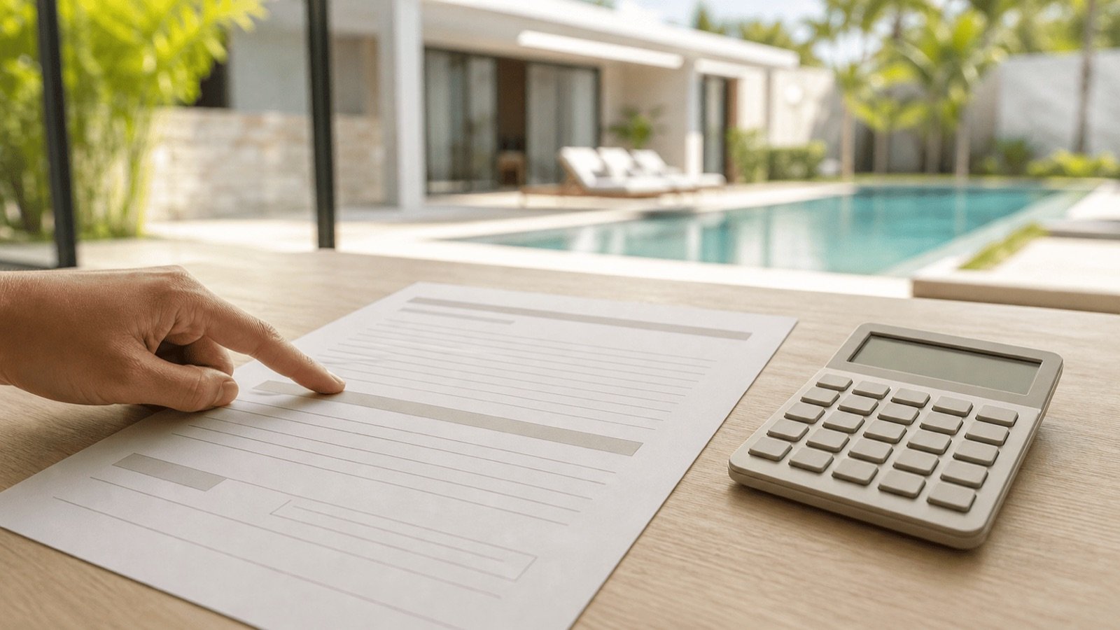 Doigt pointant un contrat près d'une calculatrice devant une villa avec piscine, le contrat d'exploitation hôtelière en Thaïlande