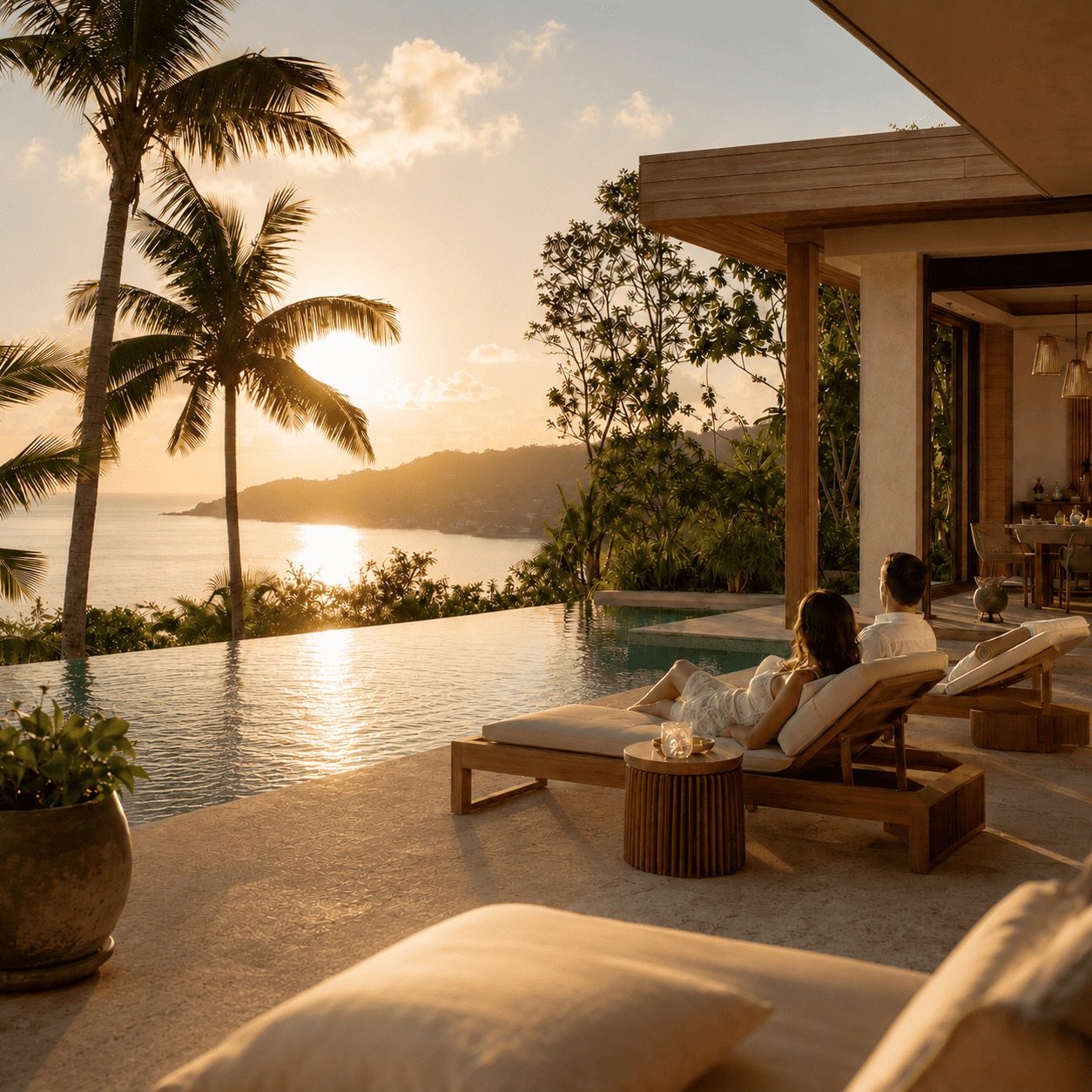 Couple profitant de la piscine de sa villa en location à Koh Samui au coucher du soleil