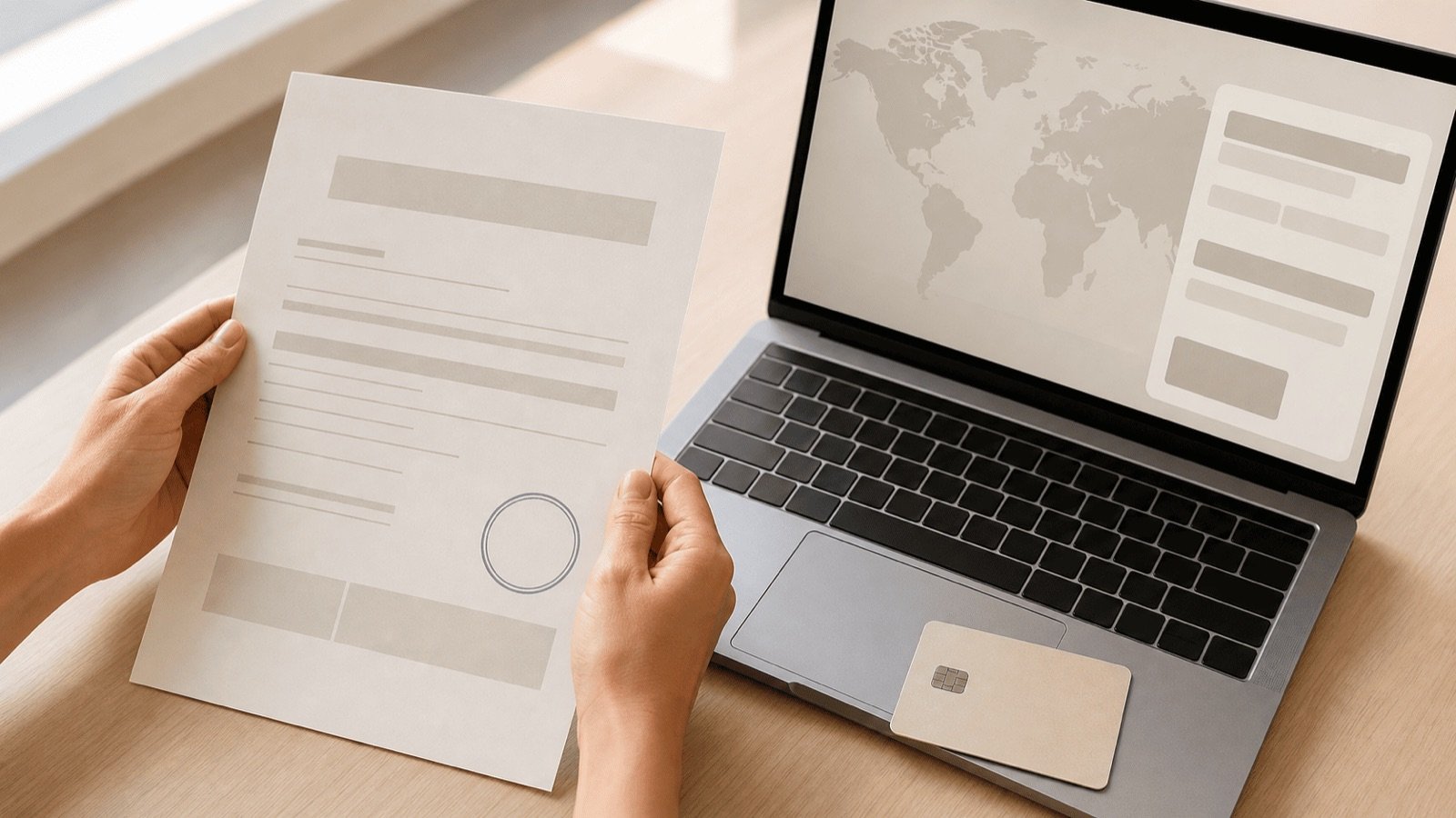 Document bancaire tenu près d'un ordinateur affichant une carte du monde et d'une carte de paiement, le credit advice pour acheter un condo en Thaïlande