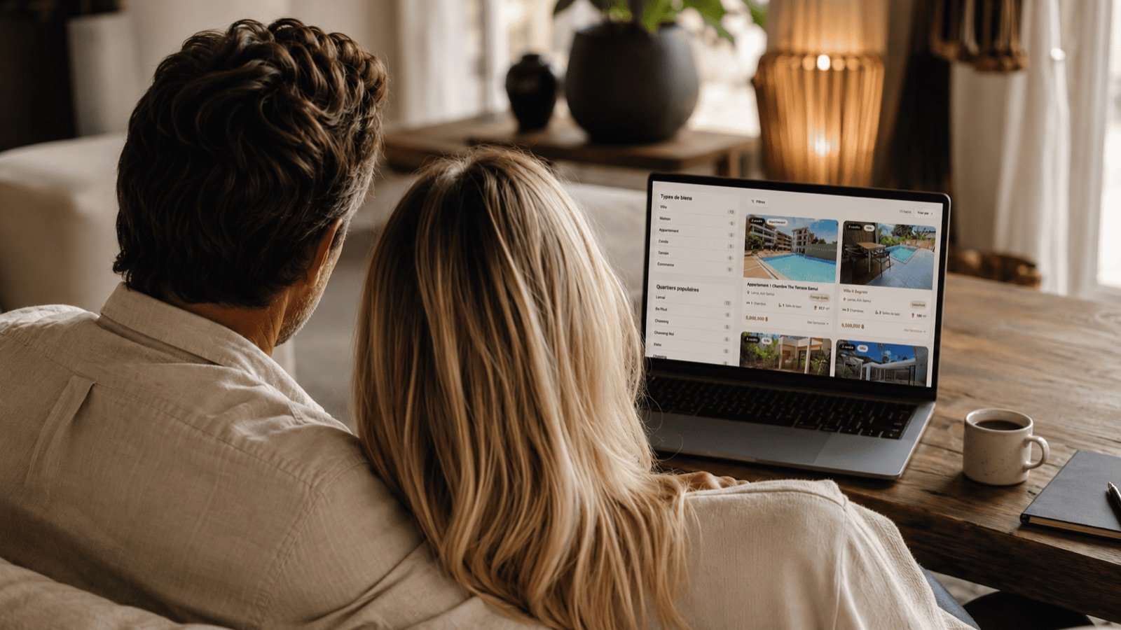 Couple définissant son projet immobilier à Koh Samui en visio avec un conseiller
