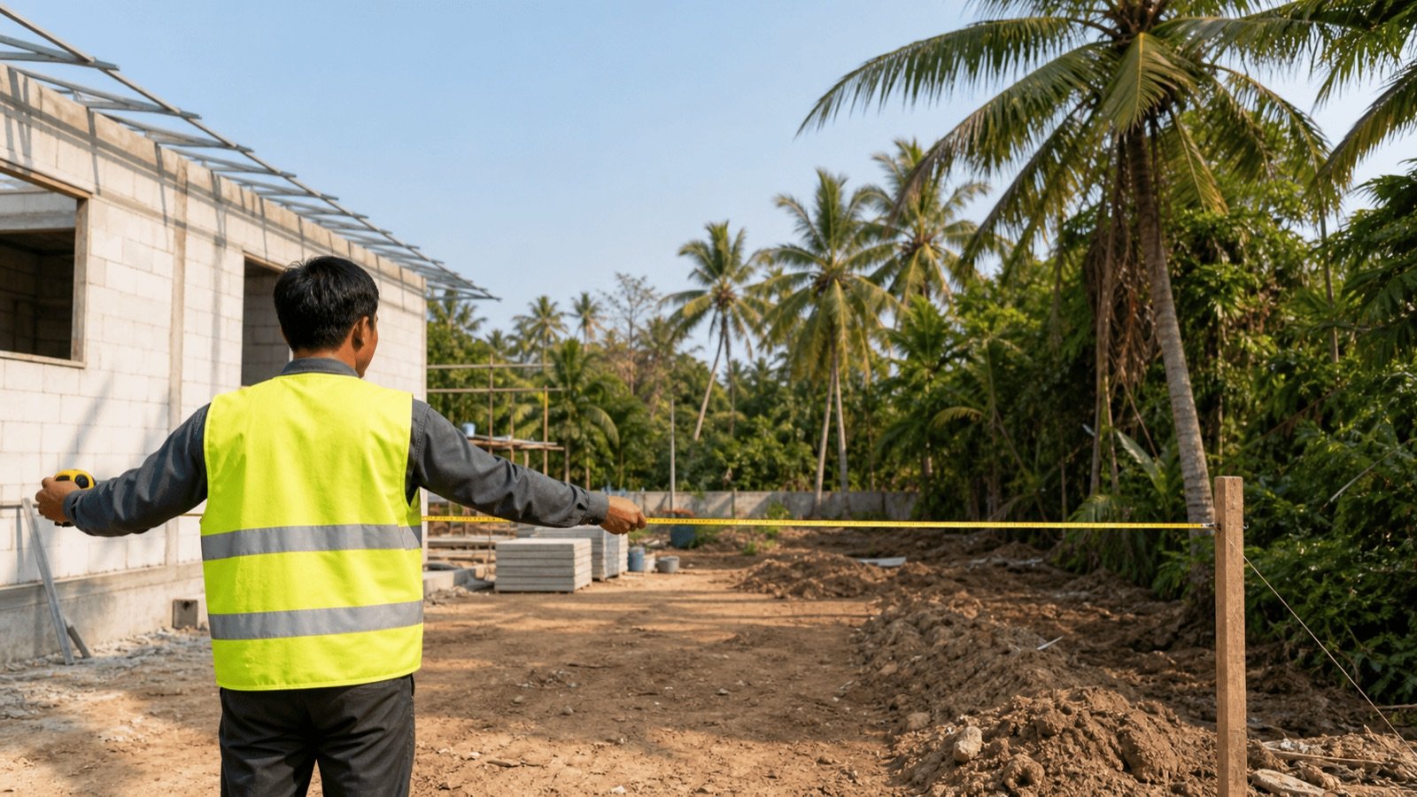 Mesure au ruban entre la maison en chantier et la limite du terrain, les distances de construction en Thaïlande