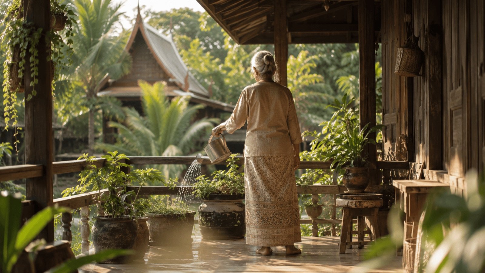 Droit d'habitation, occupante sur la véranda d'une maison thaïlandaise