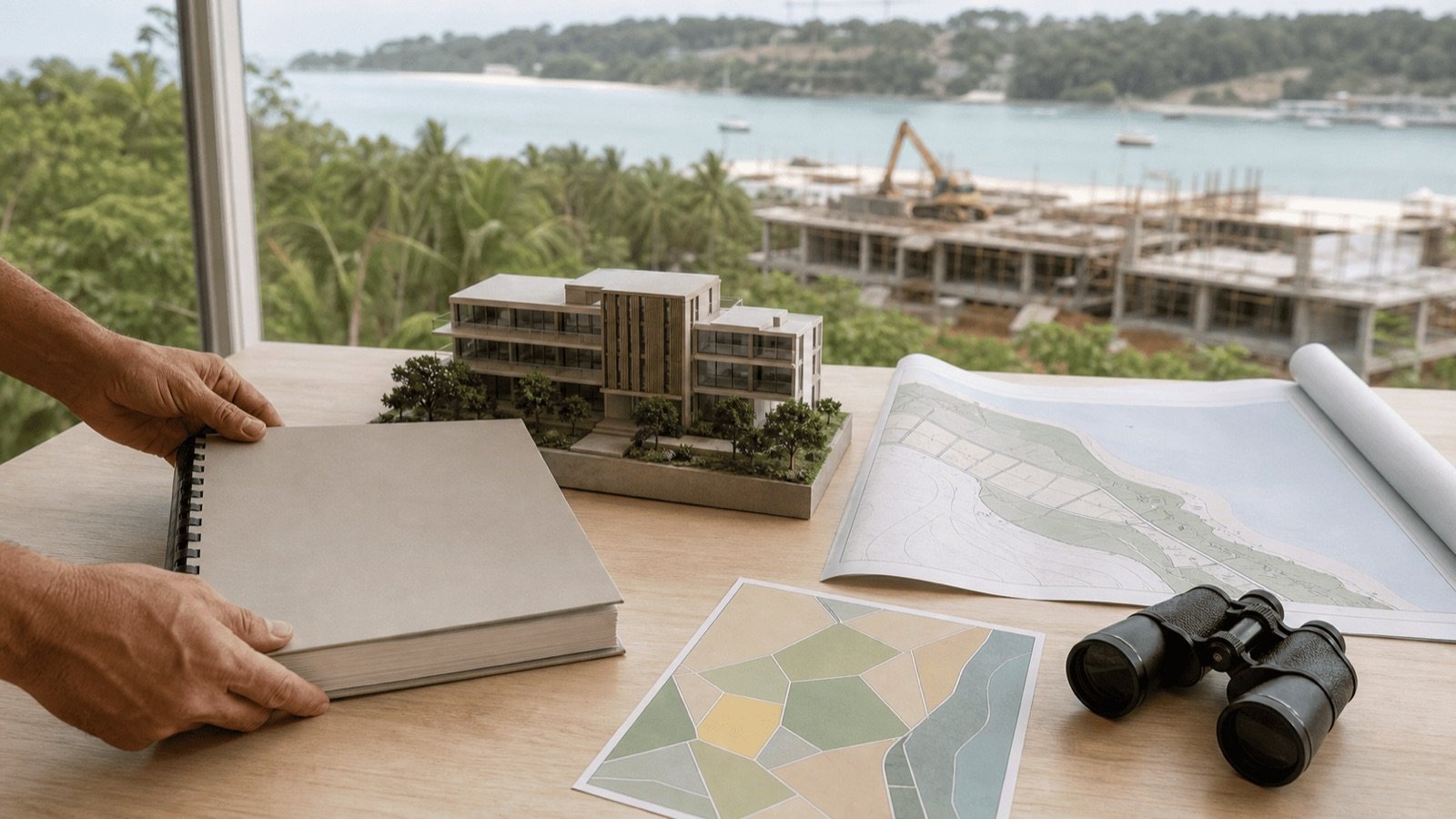 Dossier d'étude d'impact et maquette devant un chantier côtier, l'EIA en Thaïlande