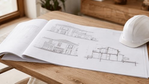 Plans de construction d'une villa avec élévations et coupes