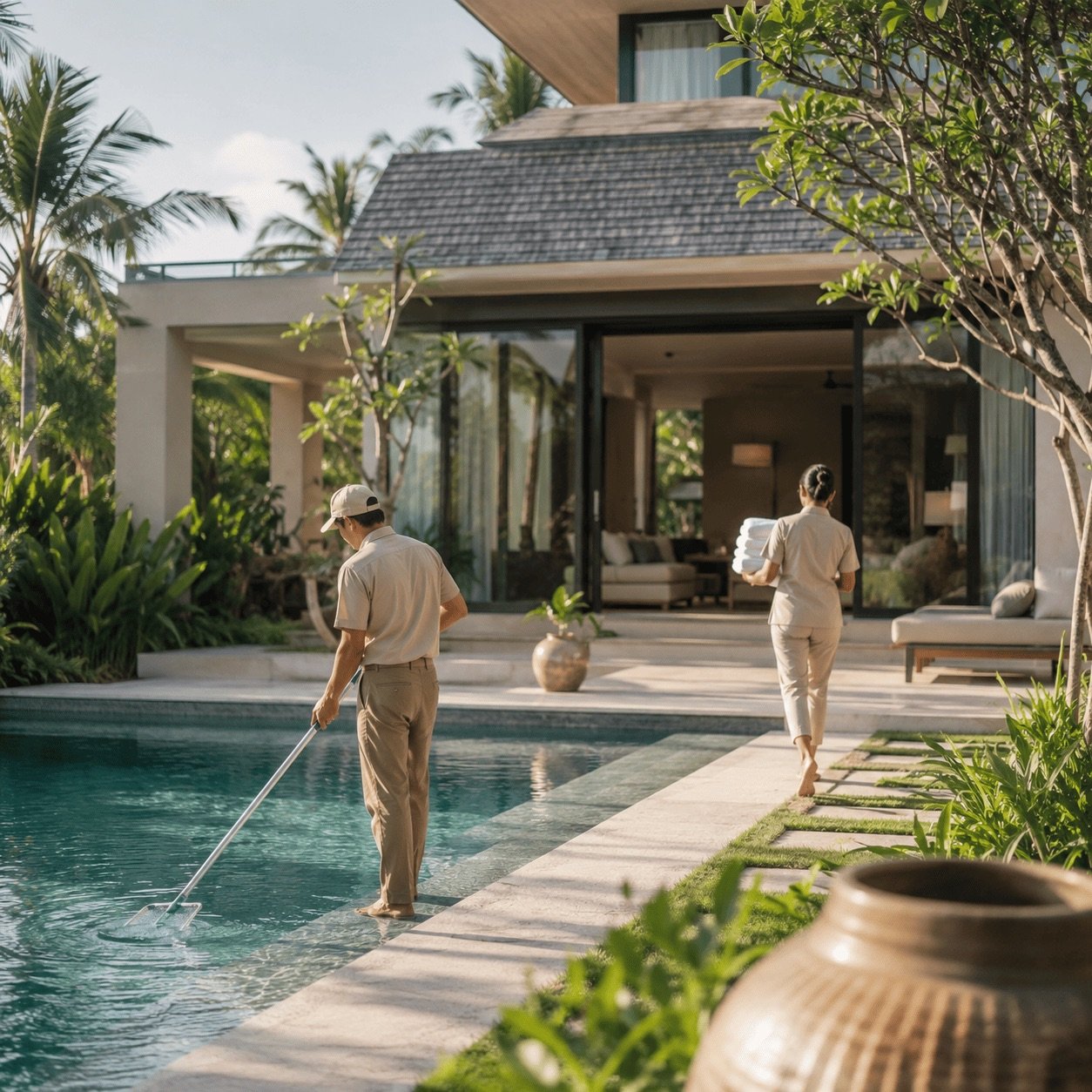 Équipe d'entretien au travail autour d'une villa en gestion locative à Koh Samui
