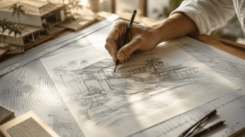 Esquisse d'une villa dessinée par un architecte à Koh Samui