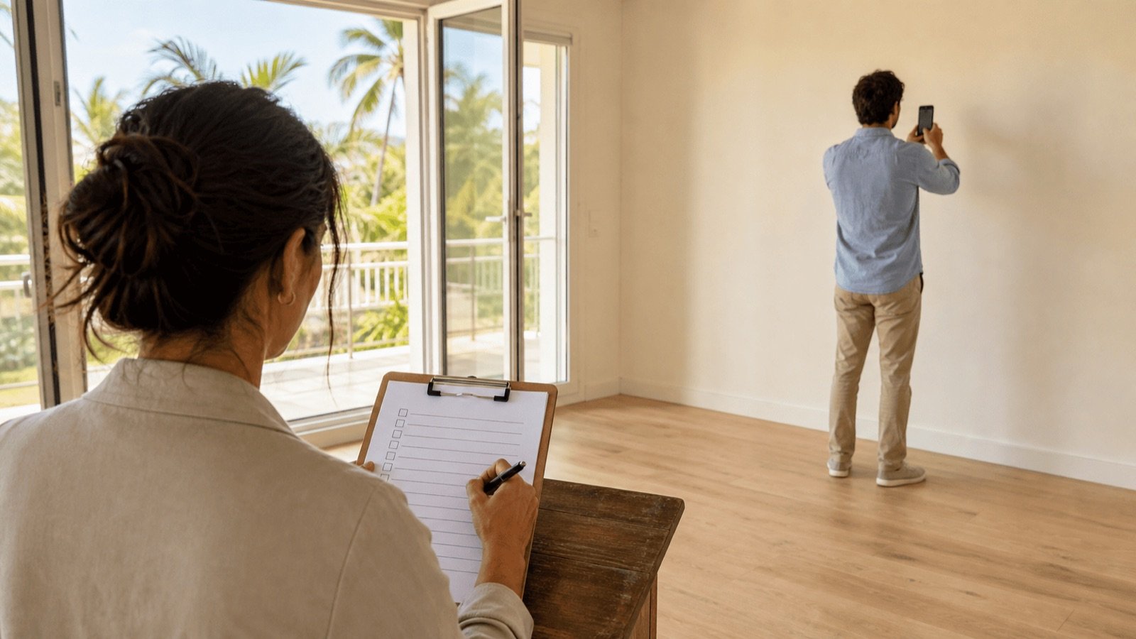 Femme cochant une liste pendant qu'un homme photographie un appartement vide, l'état des lieux d'une location en Thaïlande
