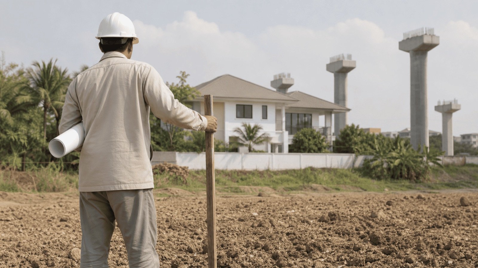 Homme casqué avec des plans devant une maison et des piliers d'autoroute en construction, l'expropriation pour utilité publique en Thaïlande