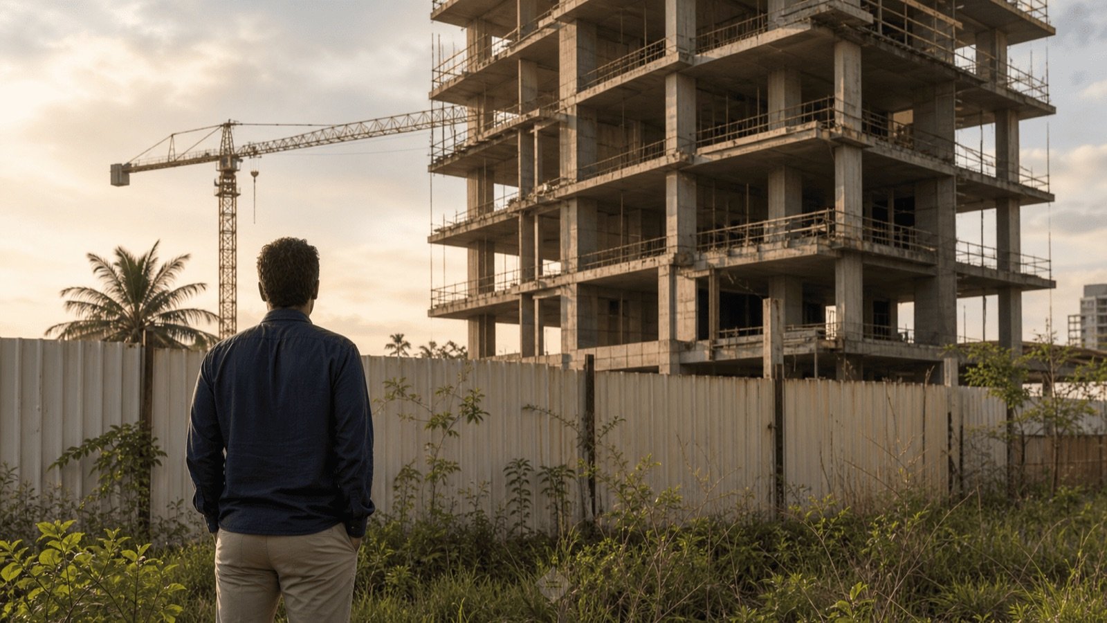 Chantier de condominium à l'arrêt derrière ses palissades, le risque de la faillite du promoteur en Thaïlande
