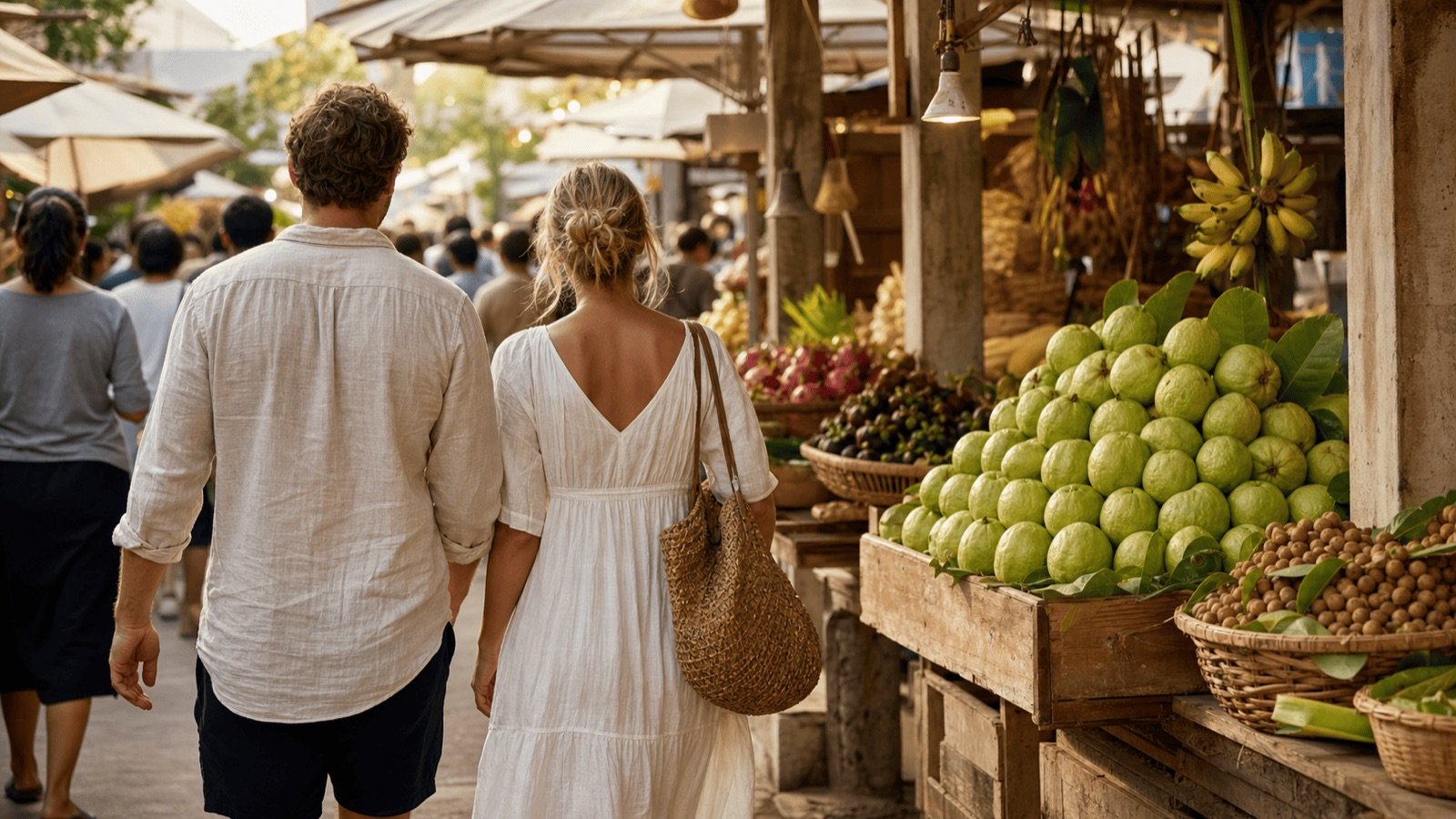 Couple d'étrangers dans un marché thaïlandais devant un étal de goyaves, l'image du farang au quotidien