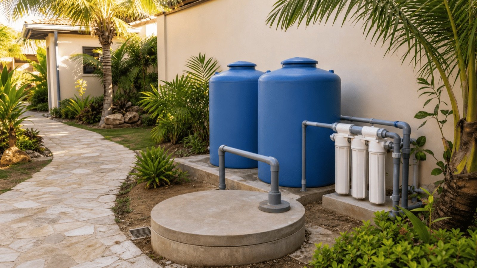 Cuves d'eau bleues et système de filtration dans le jardin d'une villa, le forage d'eau d'une villa en Thaïlande