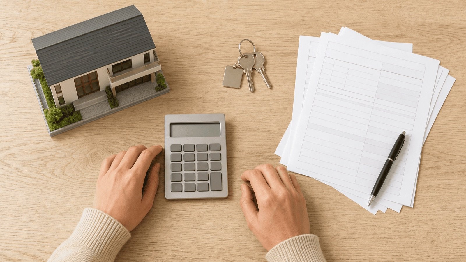 Calculatrice, clés et maquette de maison pour déclarer les loyers d’un bien en Thaïlande sur le formulaire 2047