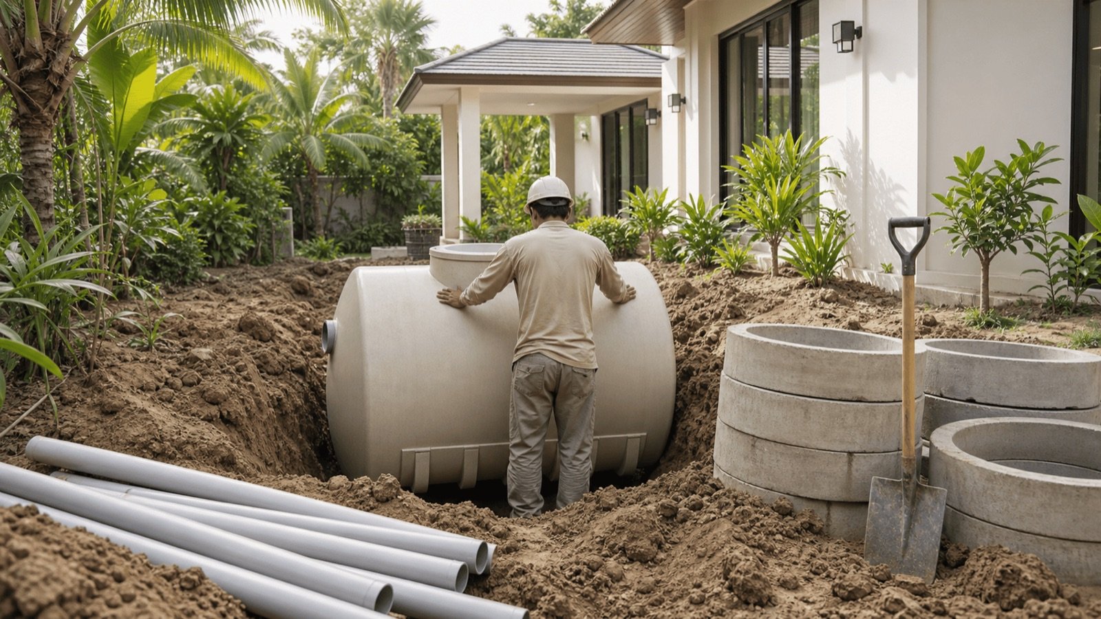 Ouvrier installant une fosse septique dans une tranchée près d'anneaux de béton et de tuyaux, l'assainissement d'une villa en Thaïlande