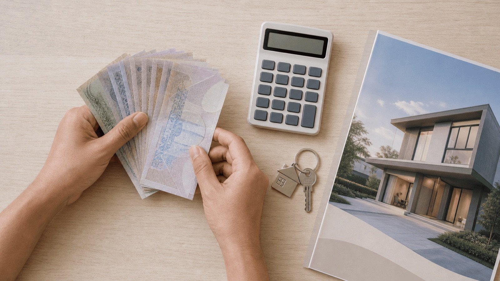 Calcul des frais d'achat immobilier en Thaïlande, billets et calculatrice devant une brochure de villa