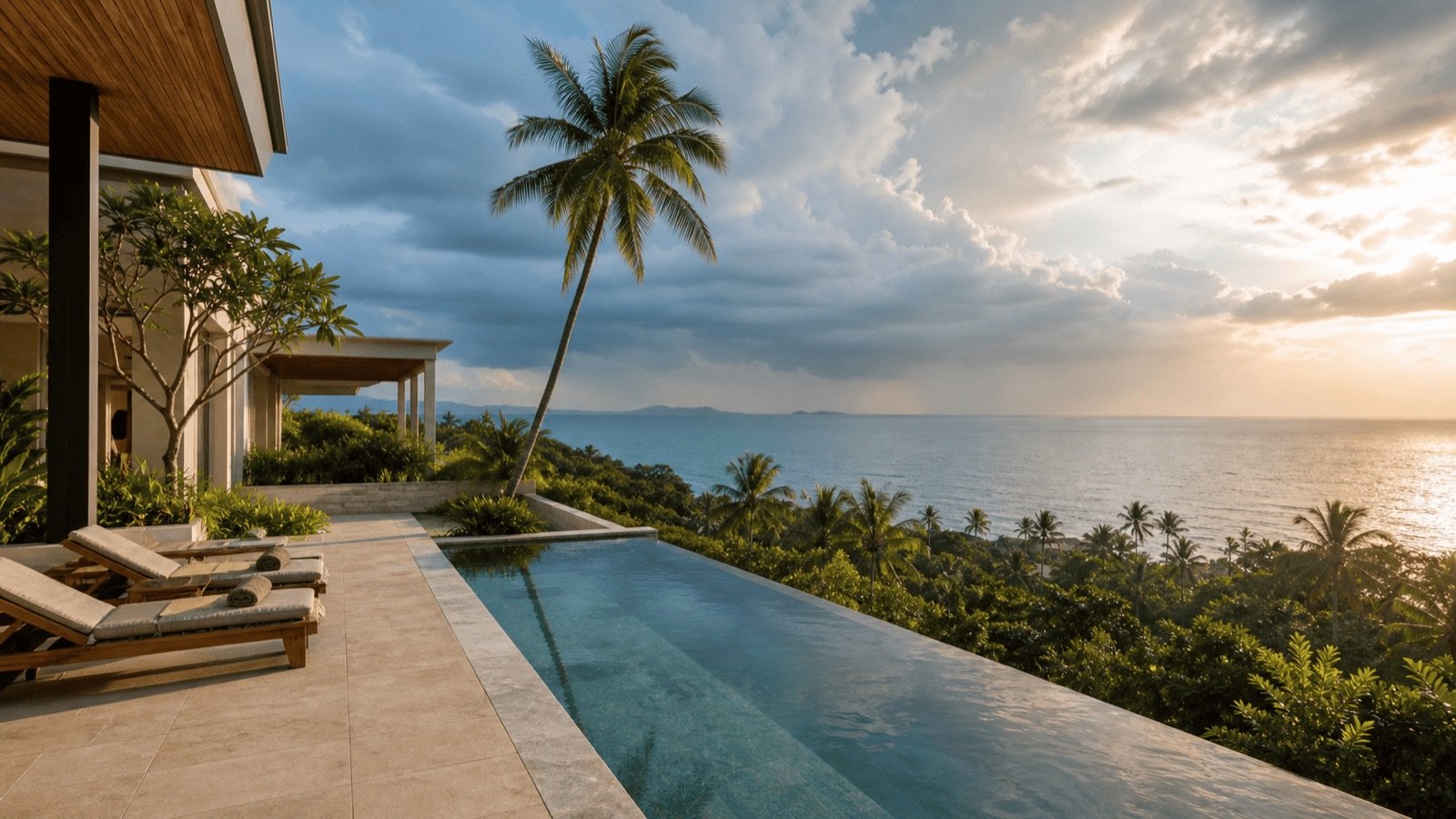 Villa avec piscine à débordement face à la mer sous un ciel partagé entre orage et soleil, haute saison et basse saison en Thaïlande