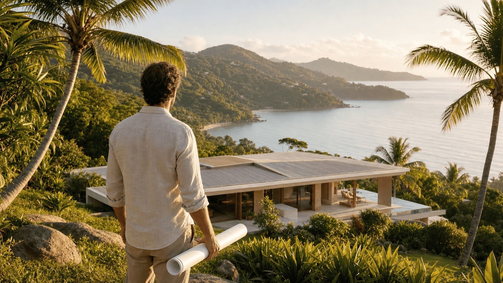 Villa basse construite près du rivage vue depuis la colline, les hauteurs de construction en bord de mer en Thaïlande